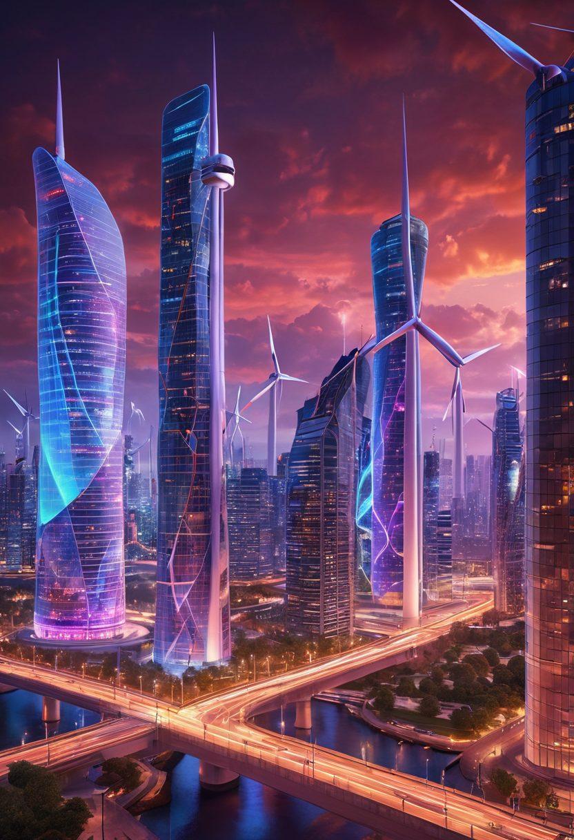 A futuristic cityscape showcasing wind turbines and solar panels integrated into skyscrapers, with a glowing STATCOM device at the forefront managing energy flow. The skyline is illuminated by vibrant neon lights representing power quality and energy management. Include dynamic visual elements like digital graphs and flowing energy waves. super-realistic. vibrant colors. 3D.