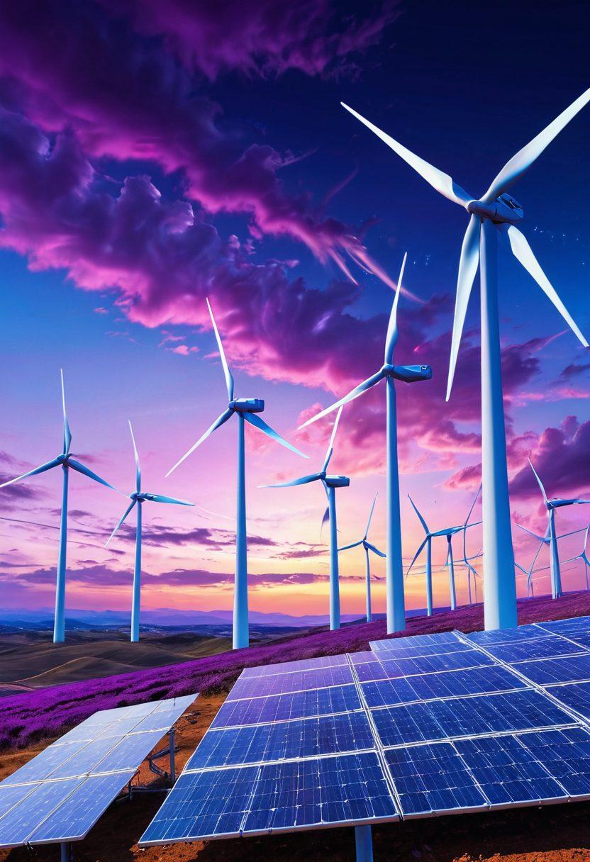 A futuristic landscape showcasing a smart grid with vibrant electric lines interlinking wind turbines and solar panels. In the foreground, a STATCOM device with animated visualizations illustrating power quality improvements. The sky is a blend of blue and purple with glowing clouds, symbolizing advanced technology and sustainability. Artistic elements like circuit patterns and energy waves enhance the theme of innovation. digital art. vibrant colors. futuristic style.