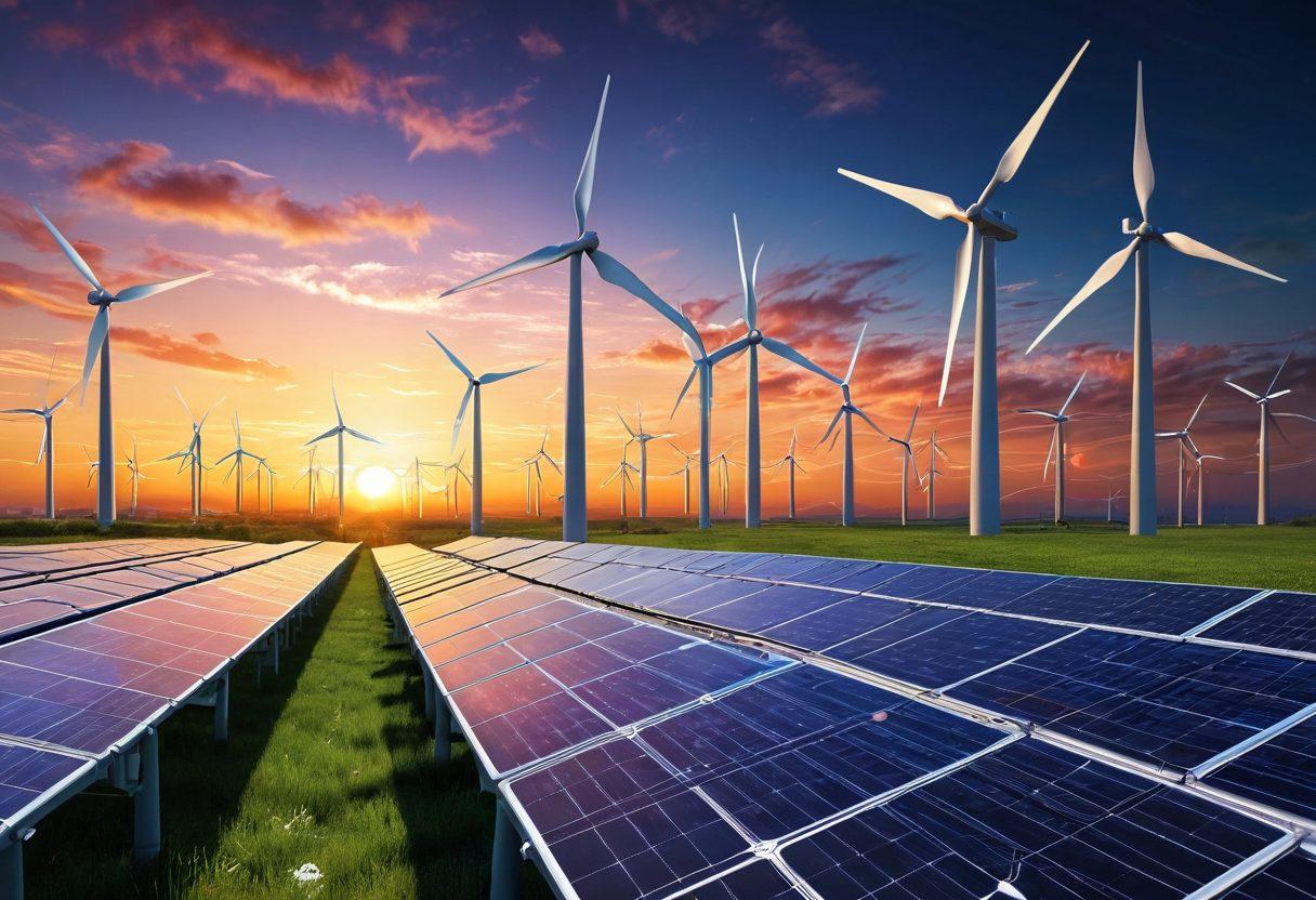 A futuristic energy grid showcasing a STATCOM device stabilizing power flow, with dynamic lines representing electricity coursing through vibrant, interconnected nodes. Include a skyline reflecting renewable energy sources like wind turbines and solar panels in the background. The scene should evoke a sense of technological advancement and sustainability. super-realistic. vibrant colors. 3D.